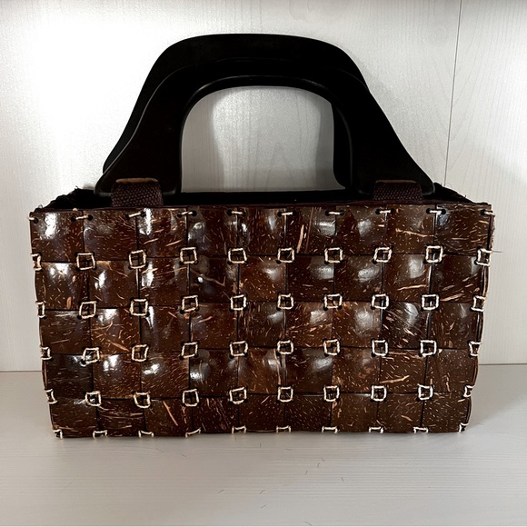 Handbags - Vintage Coconut Shell Handbag Boho Purse Wooden Handles Brown